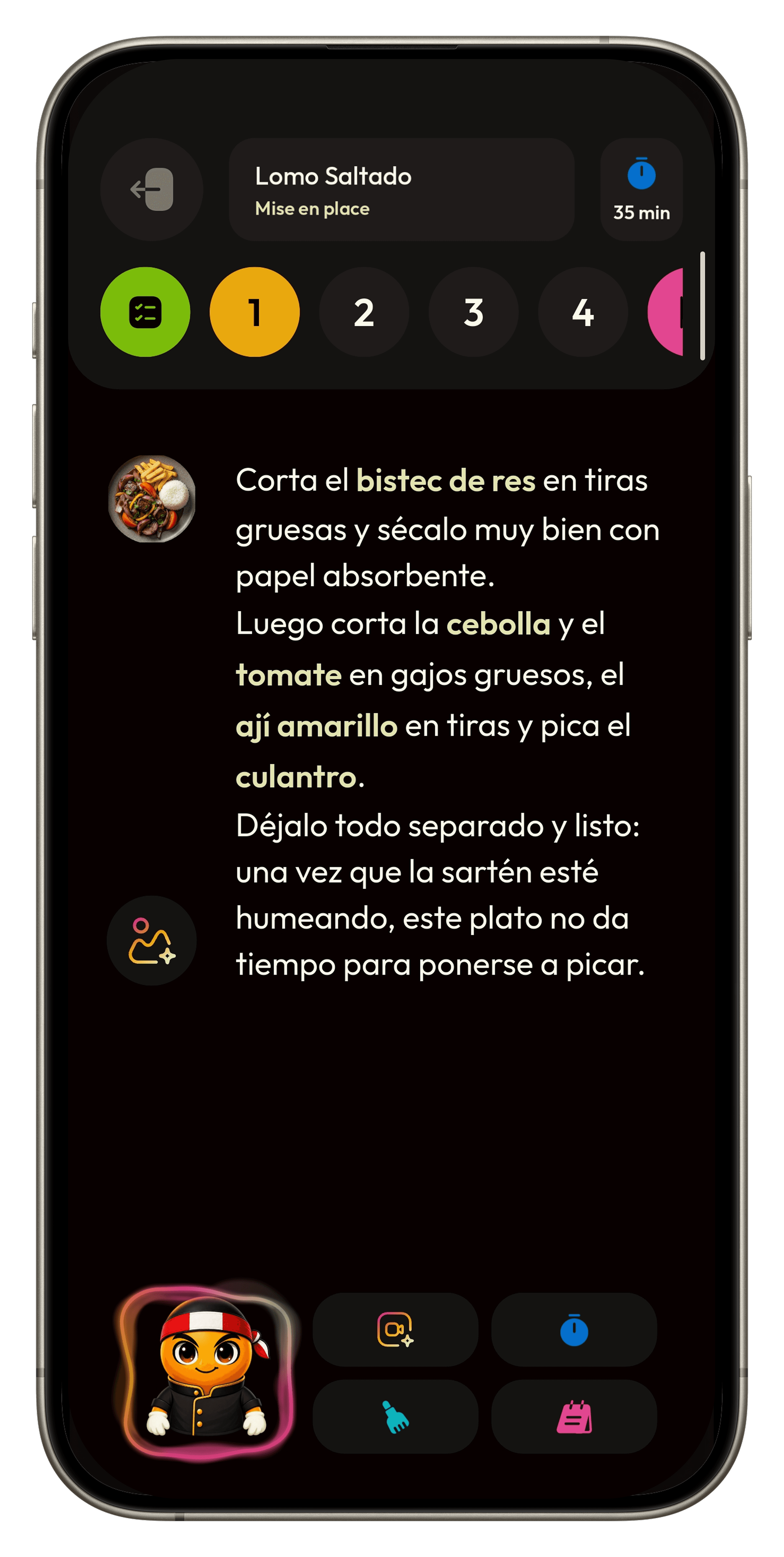 CookPilot guiando una receta paso a paso en un iPhone
