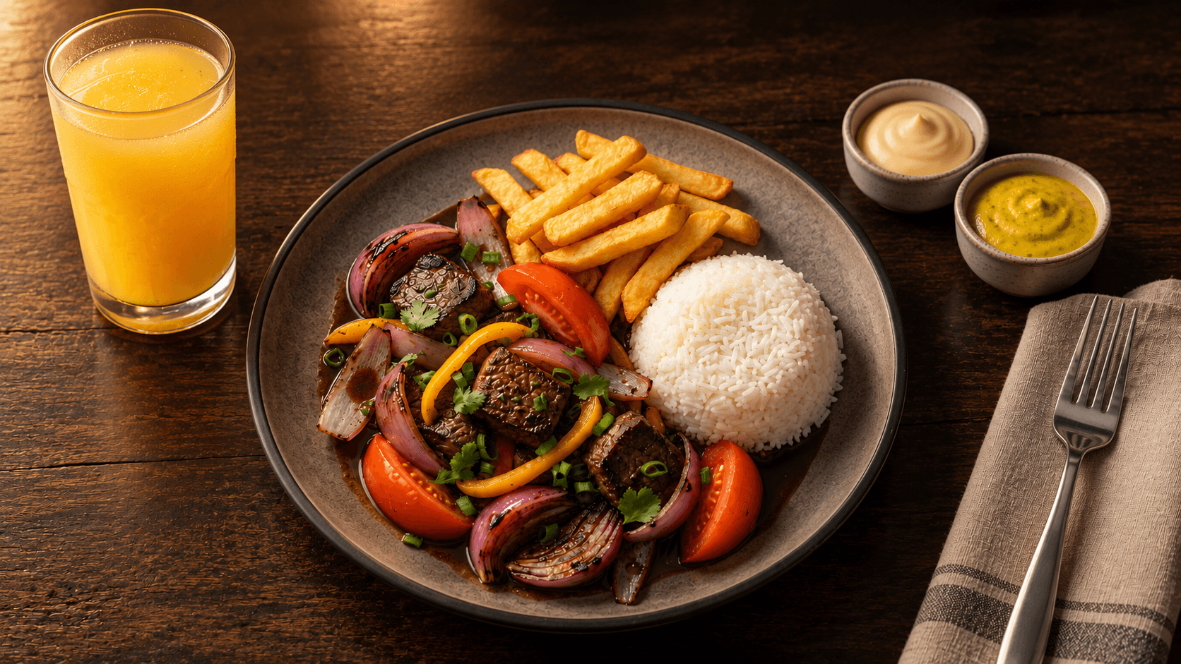 Lomo Saltado servido sobre una mesa de madera