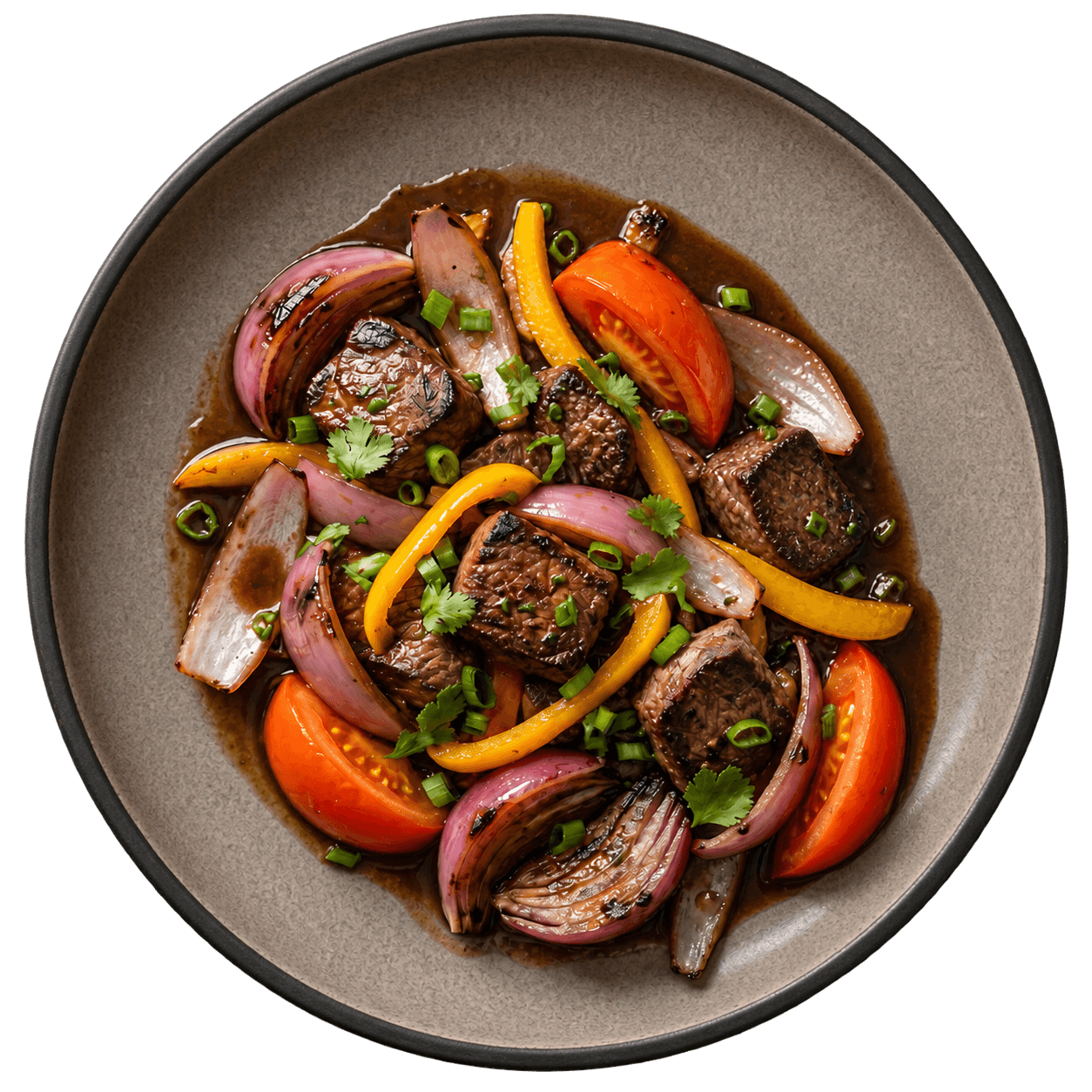 Lomo Saltado con carne, cebolla y tomate